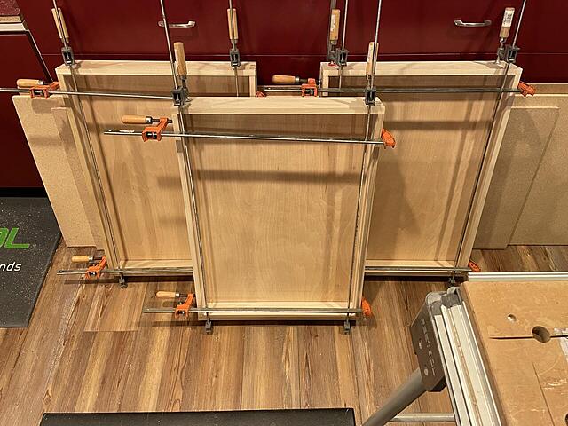 Wide drawers waiting for glue to dry.