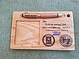 Oak CNC router carved sticky note and pen holder, hand crafted turned oak pen, both laser engraved.